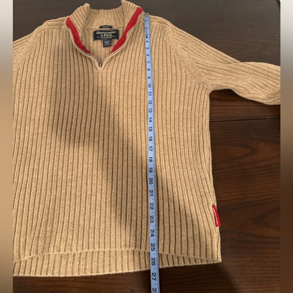 Abercrombie & Fitch Men’s XL Ribbed Cotton Quarter Zip Sweater Tan 🤎🧵 - Picture 5 of 6
